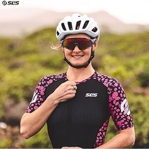 Women's Black and Pink Floral Short Sleeve Triathlon Suit